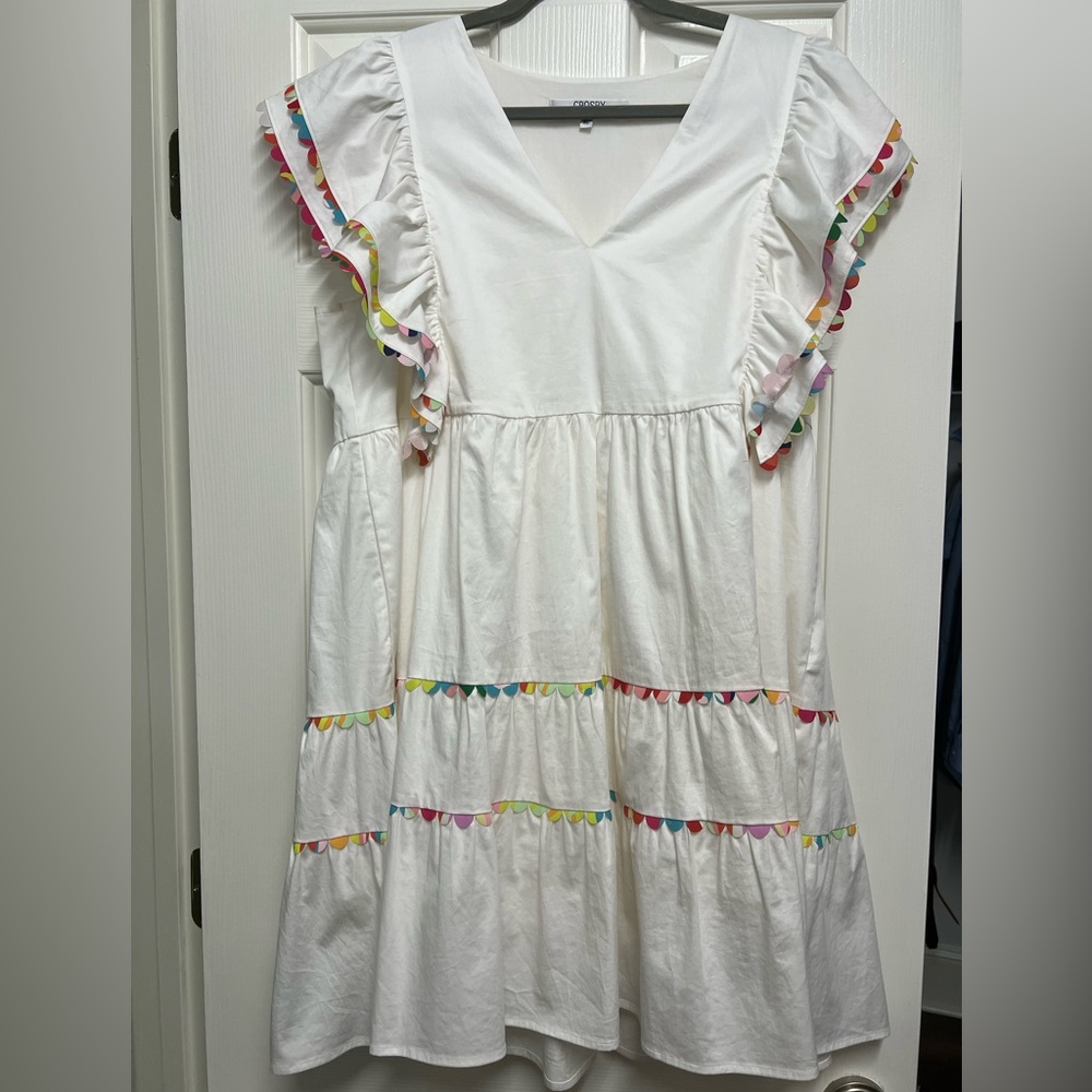 Crosby by Mollie beautiful white dress with colorful trim.